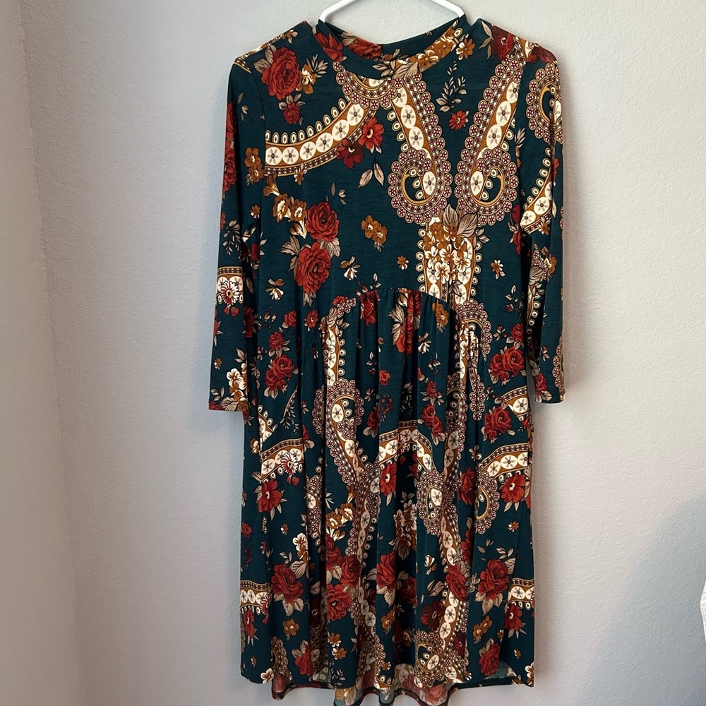 Cavender’s Mock Collar Teal and Rust Peplum Dress